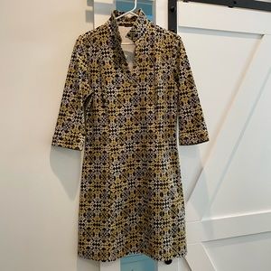 J.McLaughlin Navy/Gold/White Patterned Dress - Size L - Mock Collar